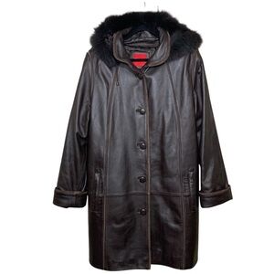 BBL Brown Leather Hooded Coat Fur Trim Sz XL Detachable Hood & Lining Minimalist